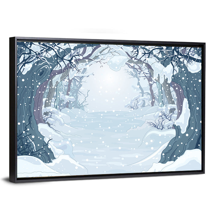 Winter Forest Path Illustration Wall Art as a framed canvas