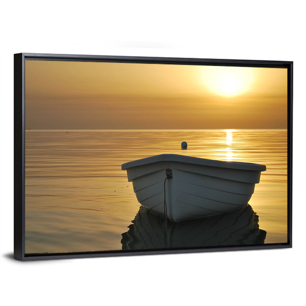 White Rowboat on Golden Sea Wall Art