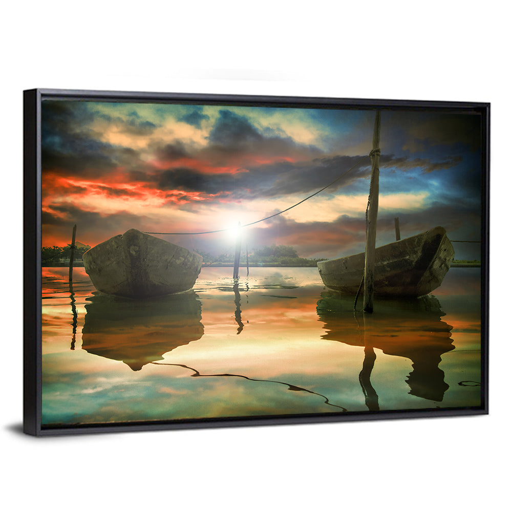 Two Wooden Boats at Sunset Wall Art