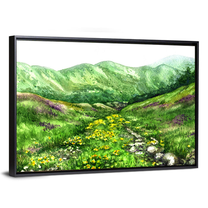 Blooming Mountain Valley Wall Art as a framed canvas