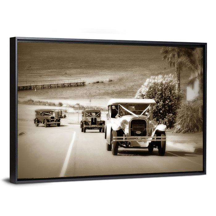 Vintage Wedding Cars Wall Art as a framed canvas