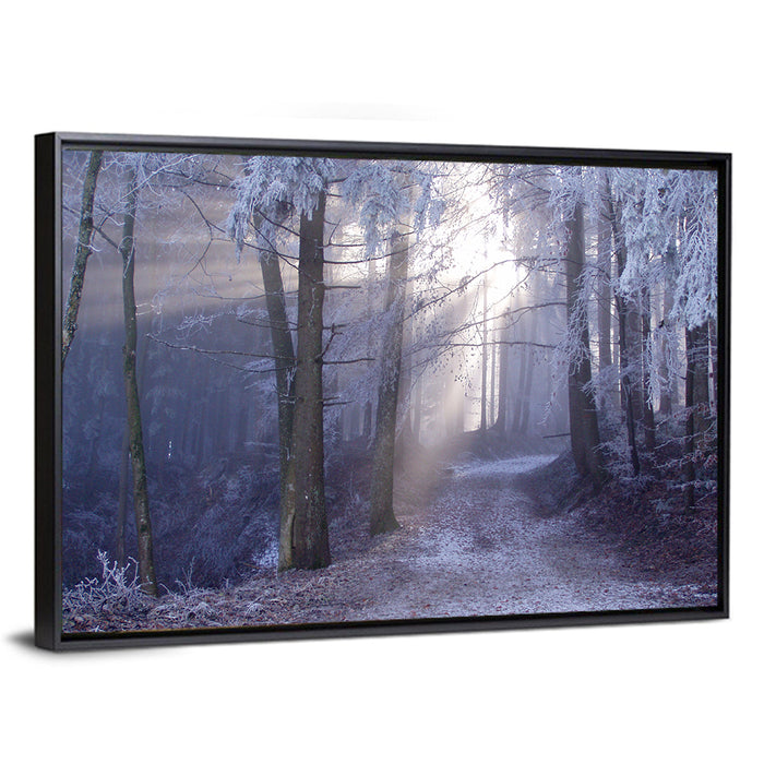 Frosted Forest Path at Dawn Wall Art as a framed canvas