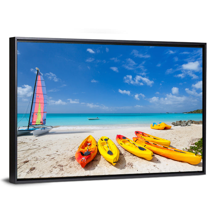 Yellow Kayaks on Tropical Beach Wall Art as a framed canvas
