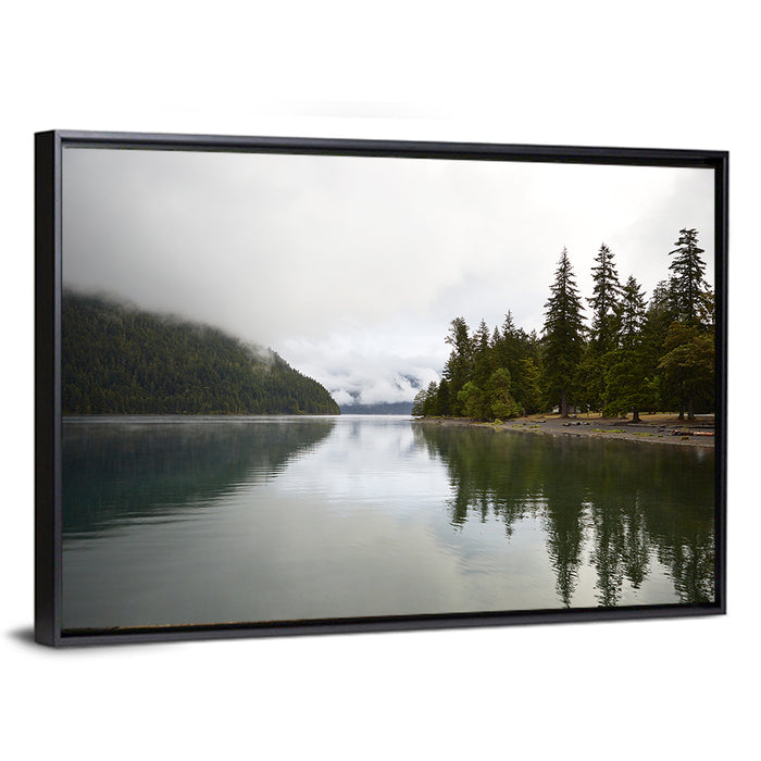 Foggy Lake Crescent Reflection Wall Art as a framed canvas