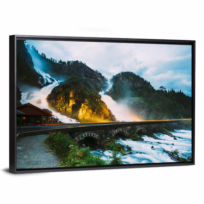 Låtefossen Waterfall at Twilight Wall Art as a framed canvas
