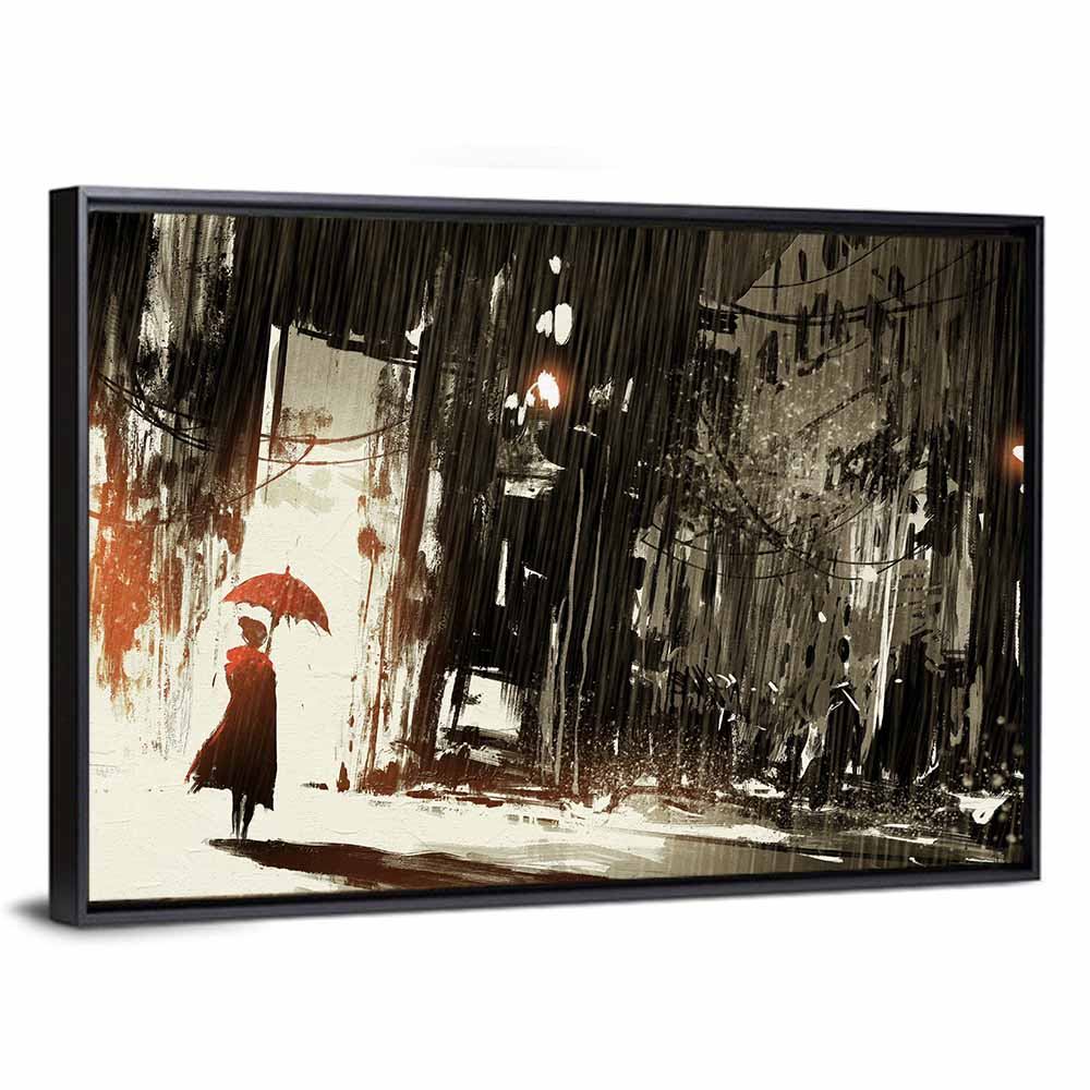 Woman with Umbrella on Rainy Street Wall Art