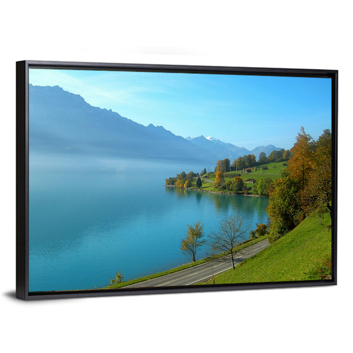 Lake Brienz Misty Shoreline Wall Art as a framed canvas