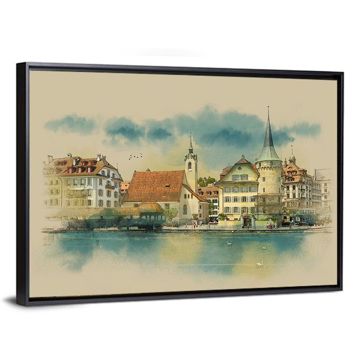 Lucerne Waterfront Sketch Wall Art as a framed canvas