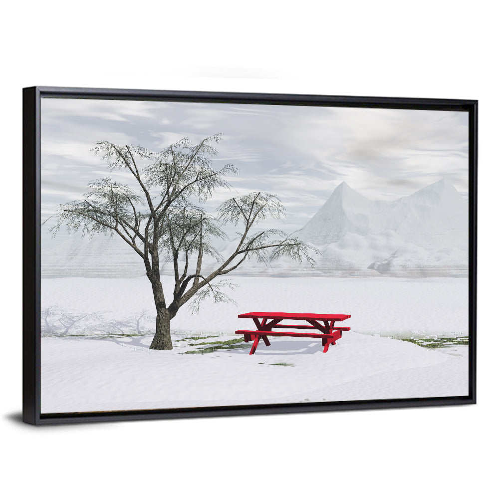 Red Picnic Table in Winter Park Wall Art