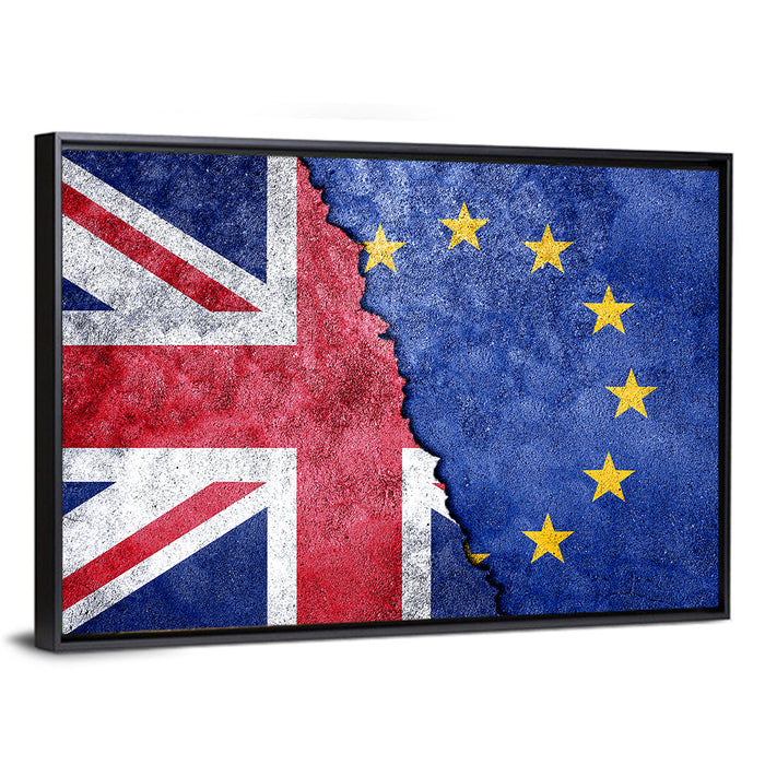 Divided Union Jack and Eu Flag Wall Art as a framed canvas