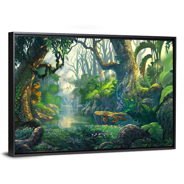 Sunlit Jungle River Wall Art as a framed canvas