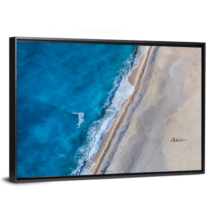 Myrtos Beach Aerial View Wall Art as a framed canvas