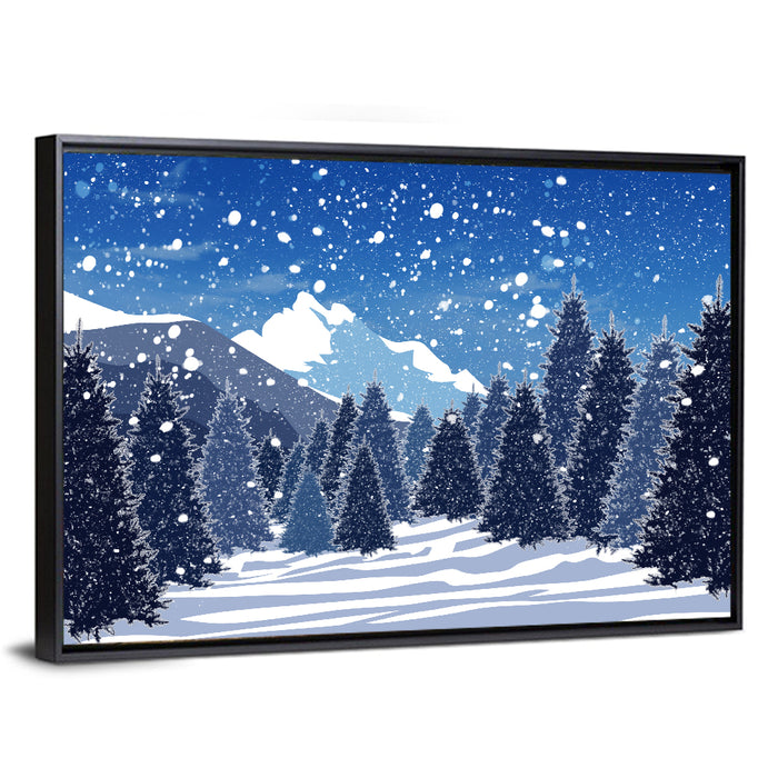 Snowy Evergreen Forest Illustration Wall Art as a framed canvas