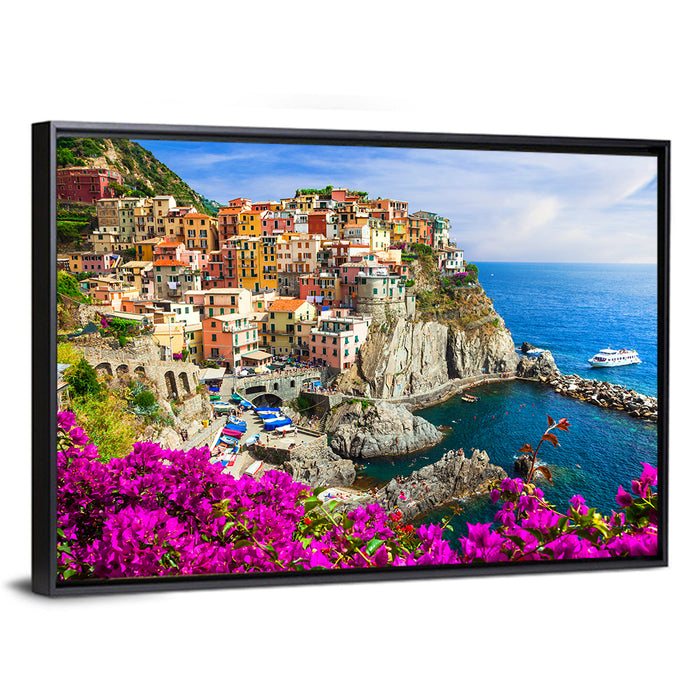 Manarola Cliffside Village Wall Art as a framed canvas