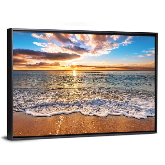 Golden Beach Sunrise Wall Art as a framed canvas