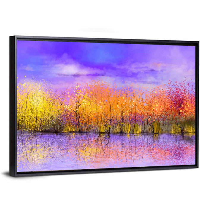 Autumn Twilight Reflection Wall Art as a framed canvas