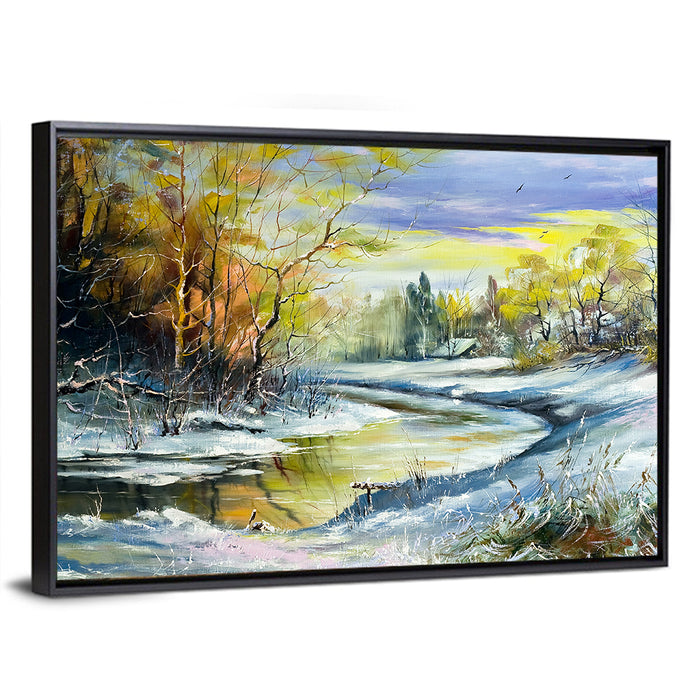 Winter River at Golden Hour Wall Art as a framed canvas