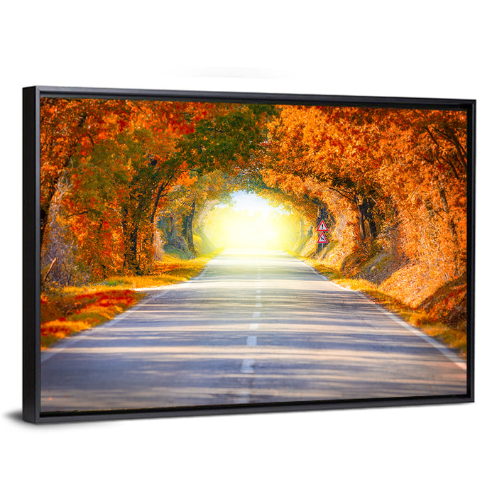 Golden Autumn Tree Tunnel Wall Art as a framed canvas