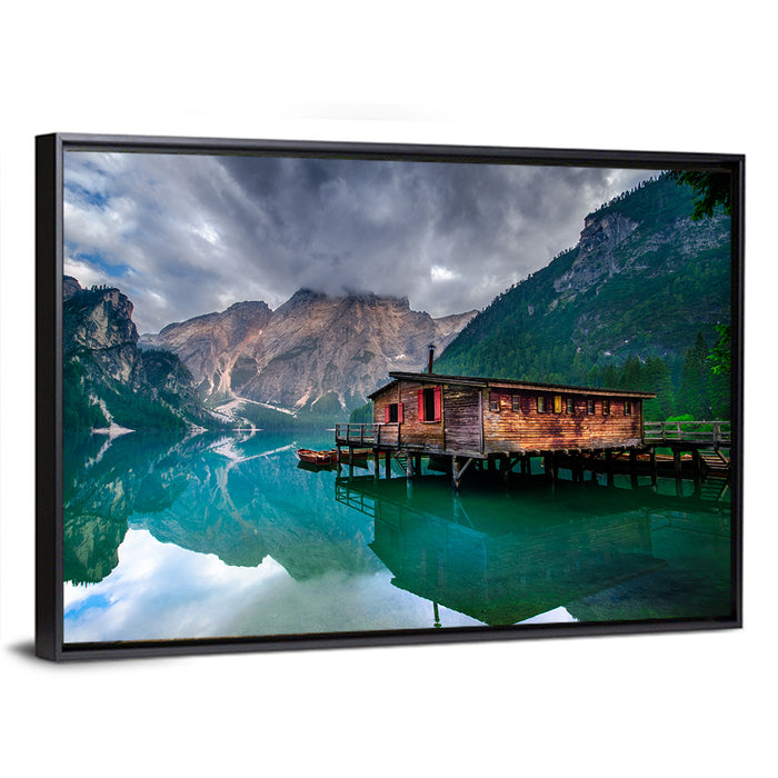 Boathouse at Lago Di Braies Wall Art as a framed canvas