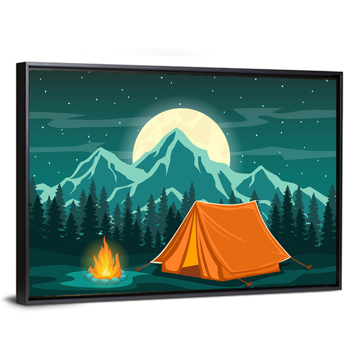 Moonlit Campfire Landscape Wall Art as a framed canvas