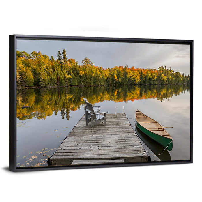 Ontario Autumn Lake Dock Wall Art as a framed canvas