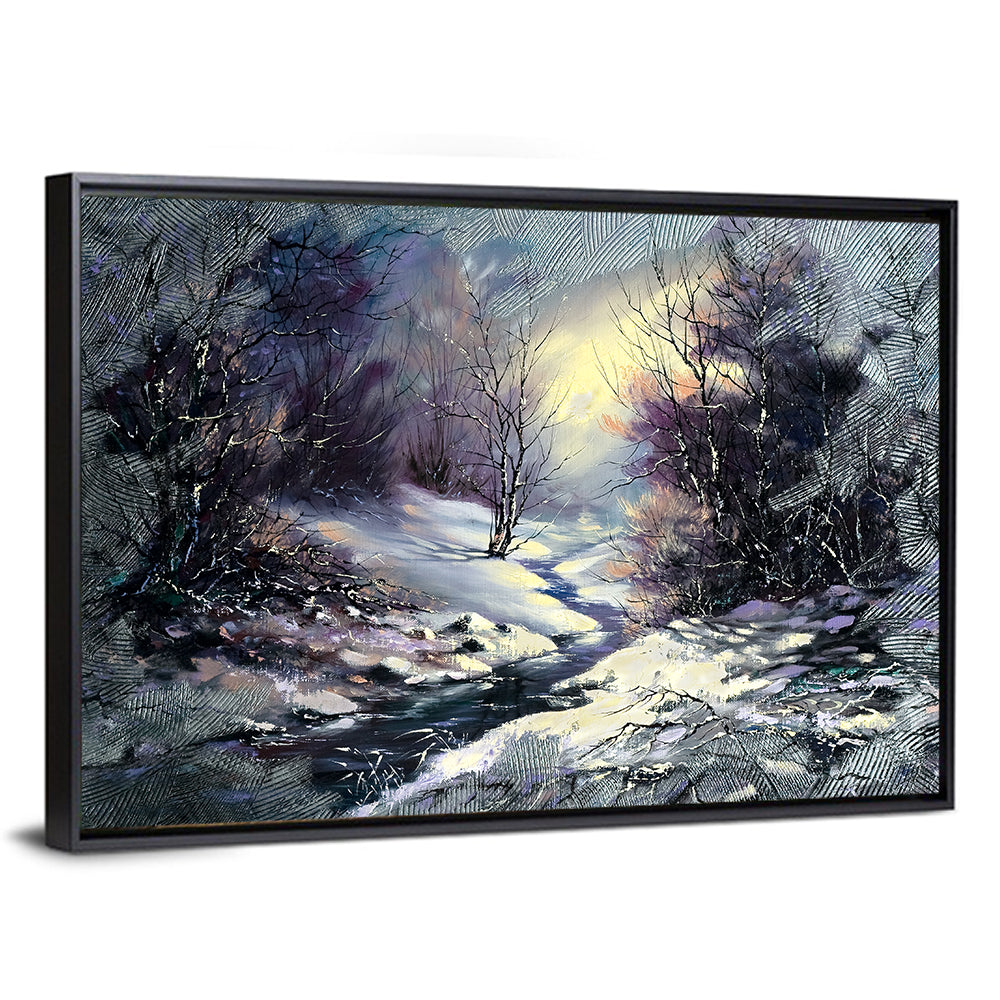 Sunlit Frozen Stream in Winter Forest Wall Art