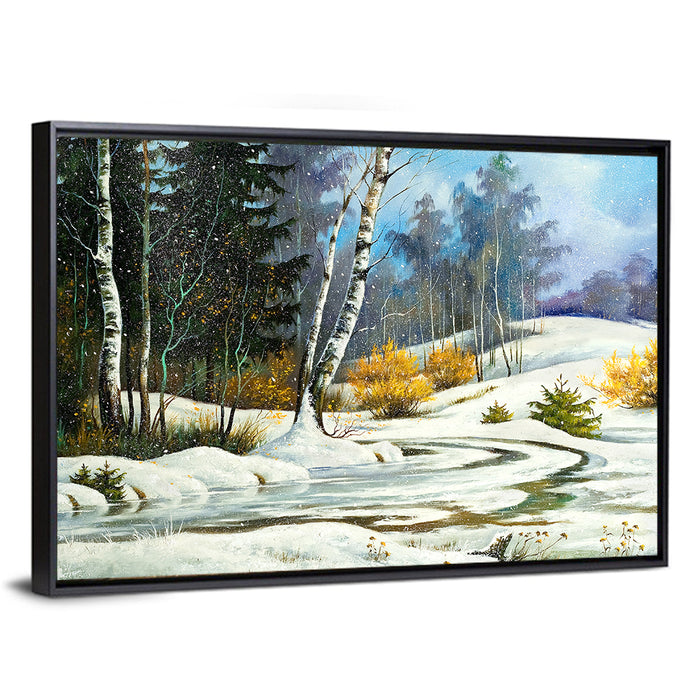 Birch Trees and Frozen Creek Landscape Wall Art as a framed canvas