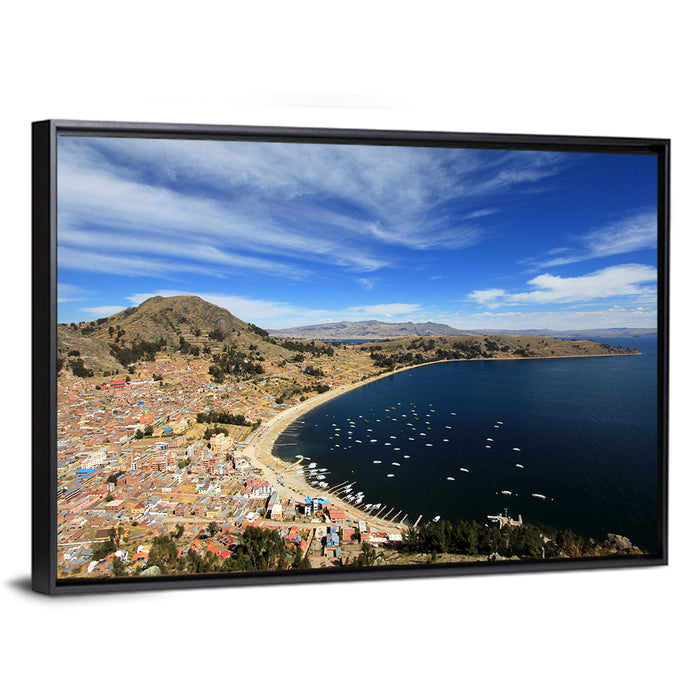 Copacabana Aerial Over Lake Titicaca Wall Art as a framed canvas
