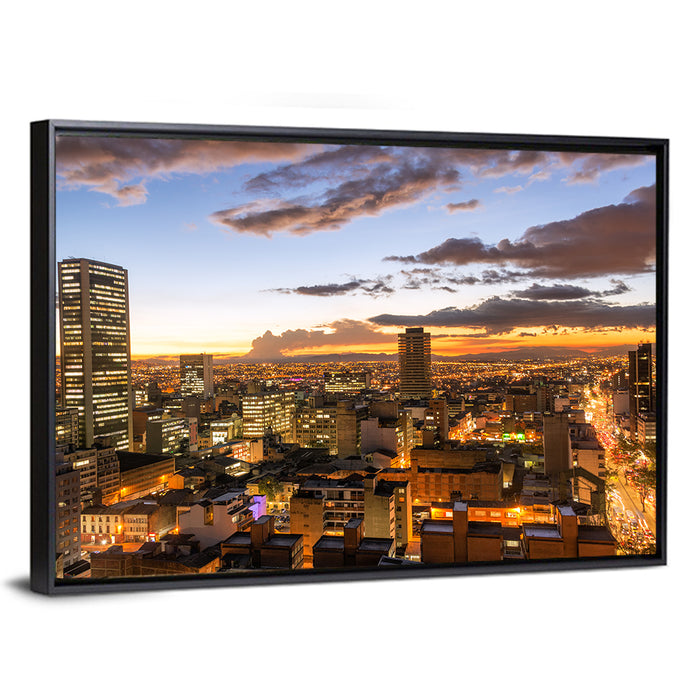 Bogota Twilight Cityscape Wall Art as a framed canvas