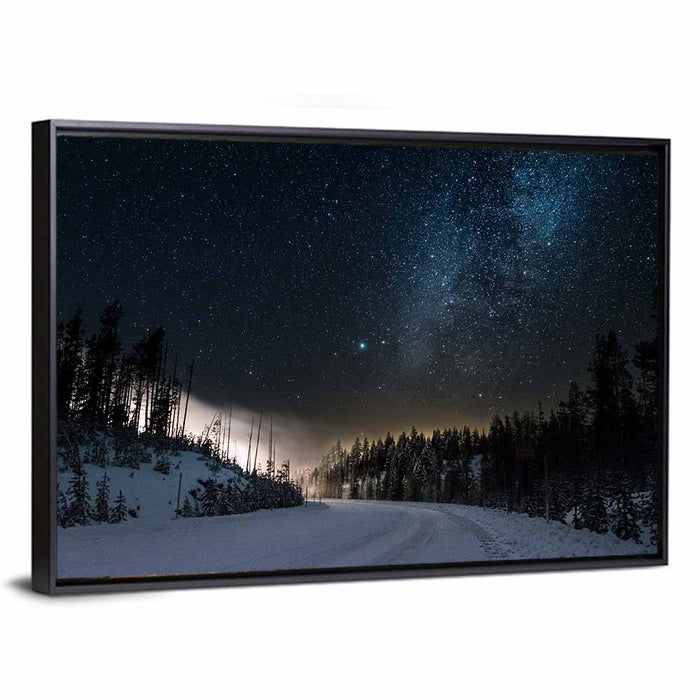 Snowy Road Under Milky Way Wall Art as a framed canvas
