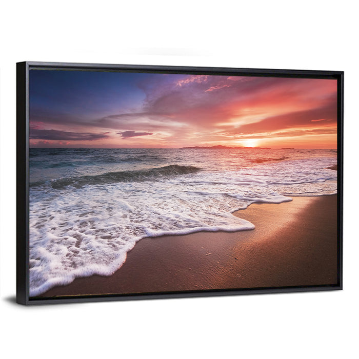 Thai Sunset Over Foamy Shore Wall Art as a framed canvas
