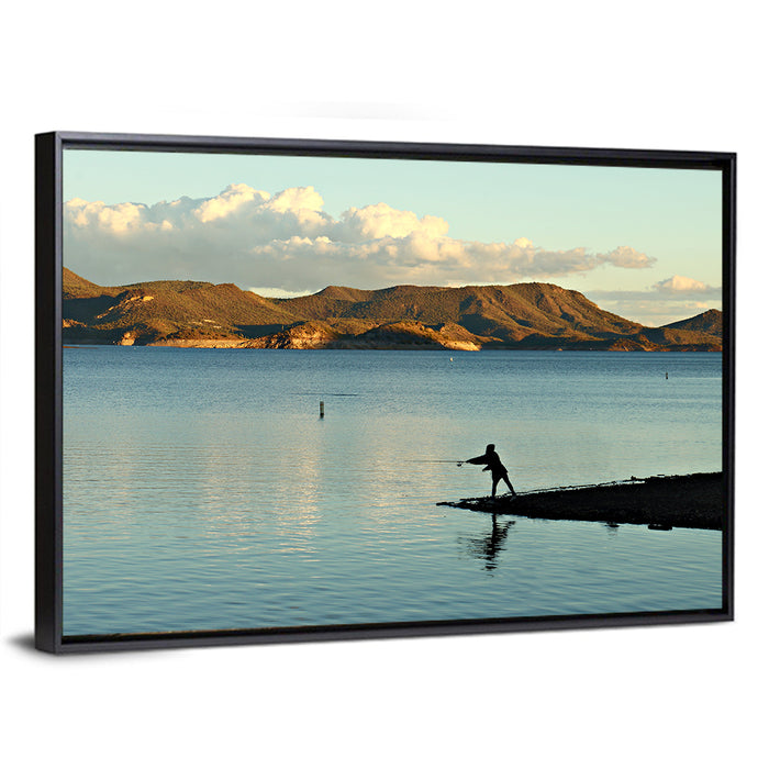 Lake Pleasant Fisherman Silhouette Wall Art as a framed canvas