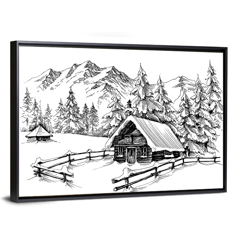 Snow-covered Mountain Cabin Wall Art