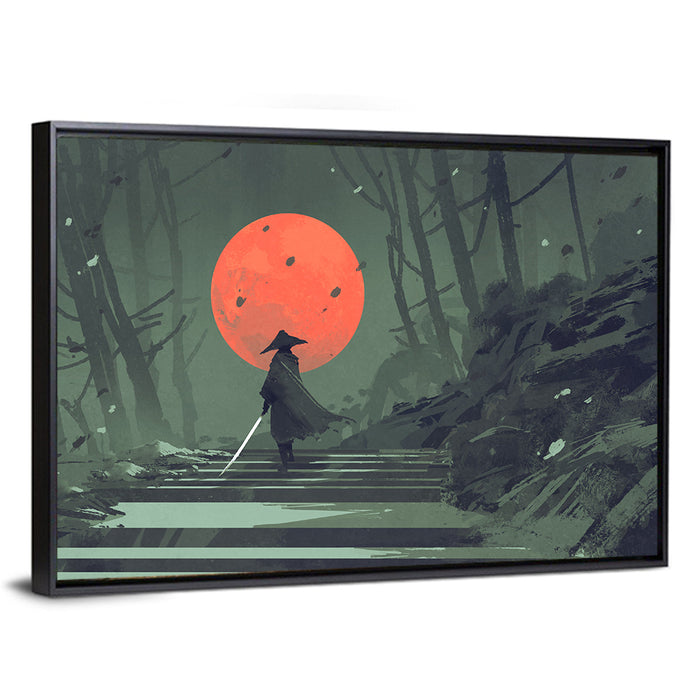 Samurai Under Red Moon Wall Art as a framed canvas