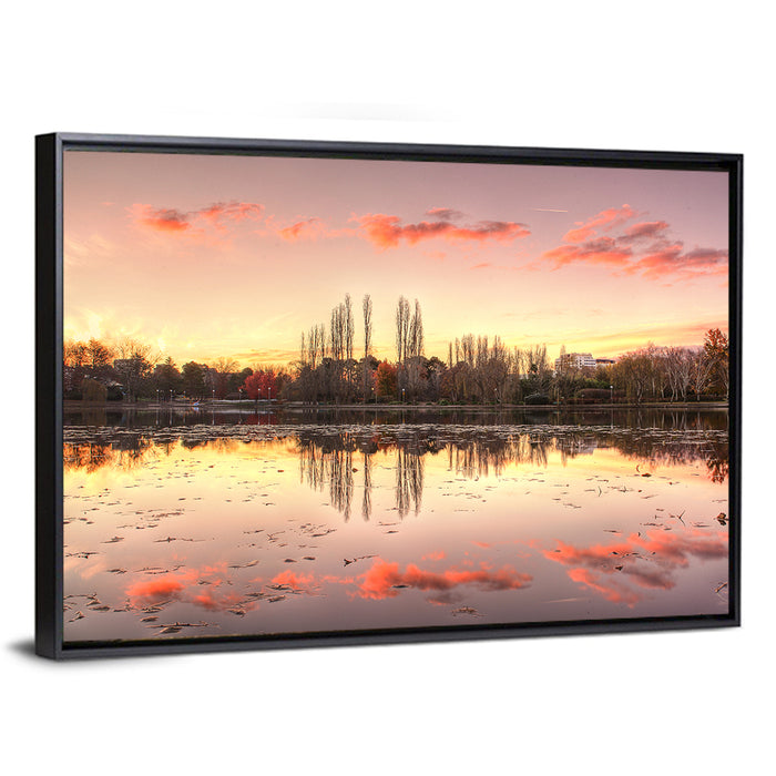 Lake Burley Griffin Sunset Reflection Wall Art as a framed canvas
