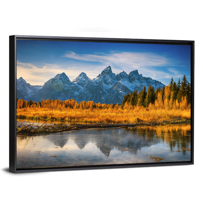 Grand Tetons Golden Reflection Wall Art as a framed canvas