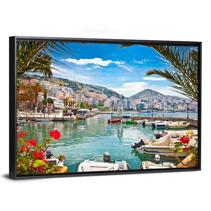 Saranda Harbor View Wall Art as a framed canvas