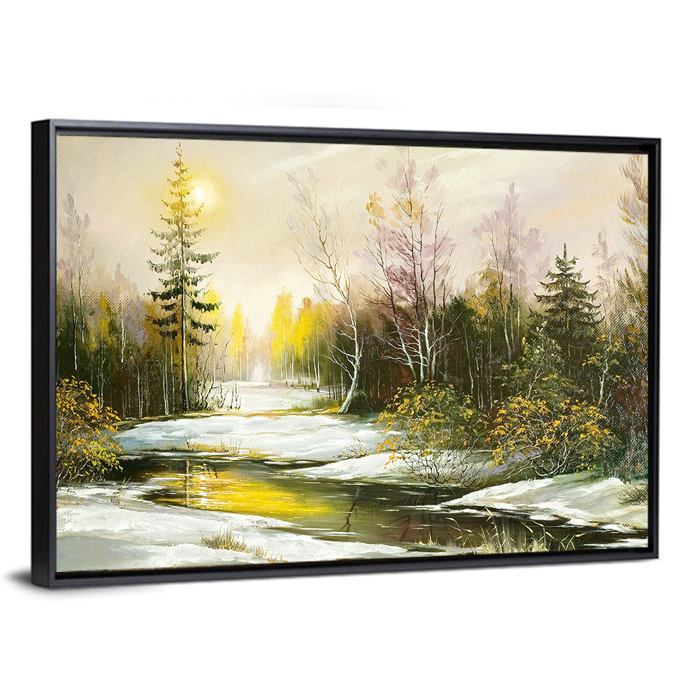 Sunlit Winter River Landscape Wall Art
