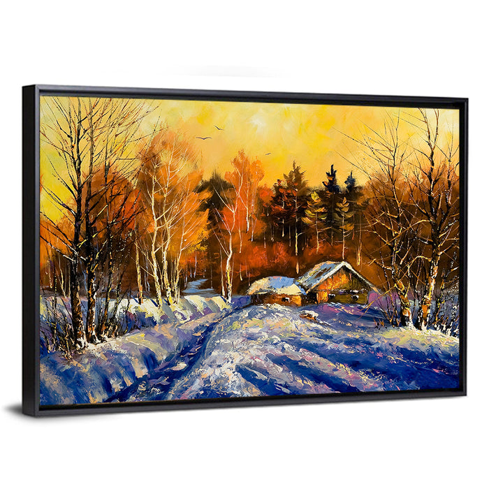 Winter Cottage Sunset Wall Art as a framed canvas