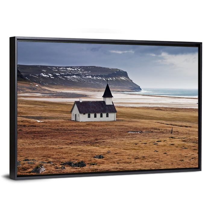 Icelandic Church with Dark Steeple Wall Art as a framed canvas