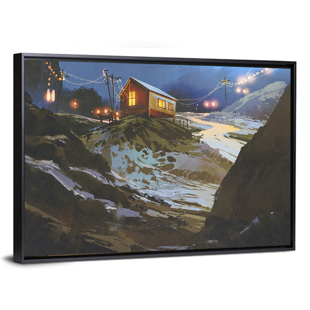 Wooden Cabin in Snowy Mountains Wall Art