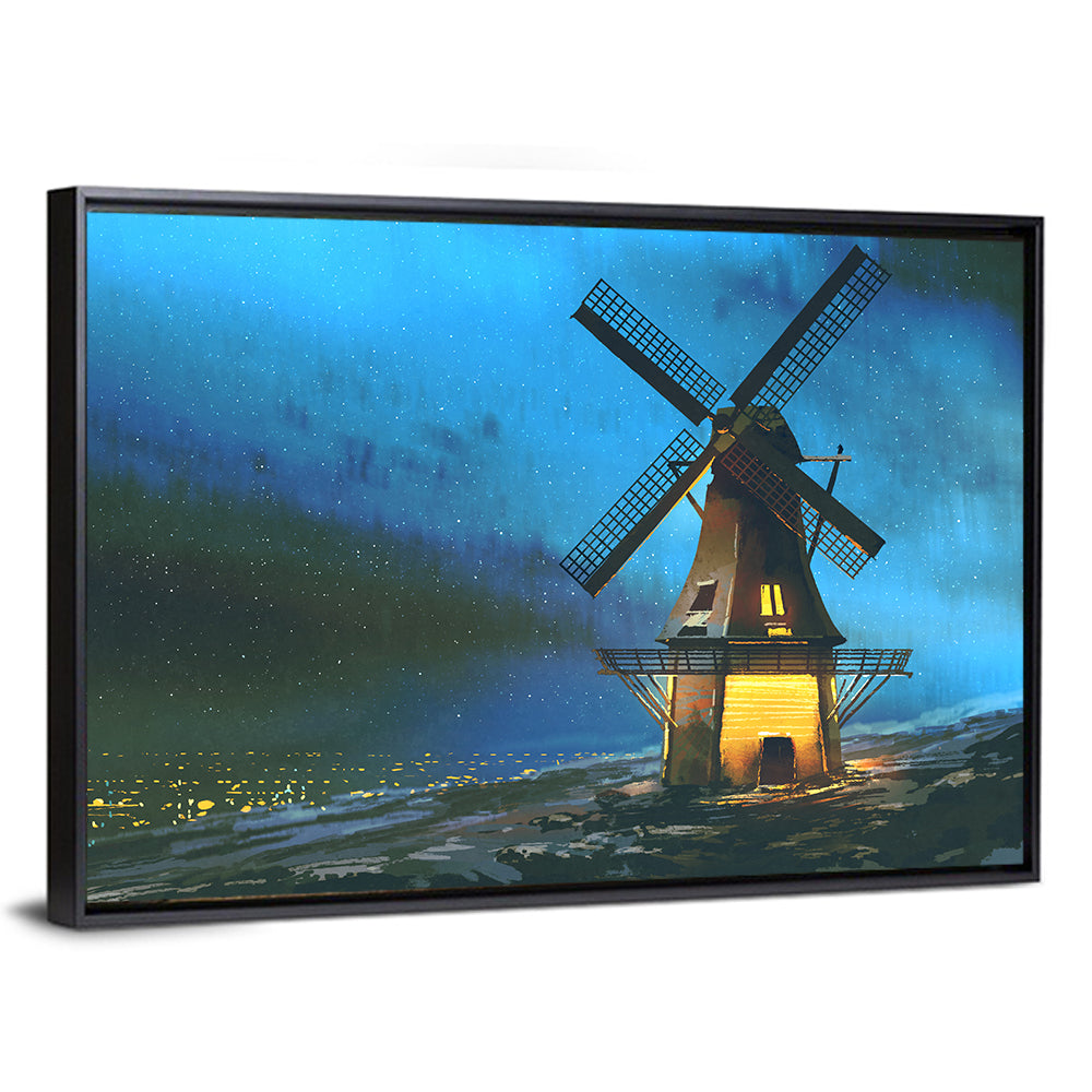 Seaside Windmill at Night Wall Art