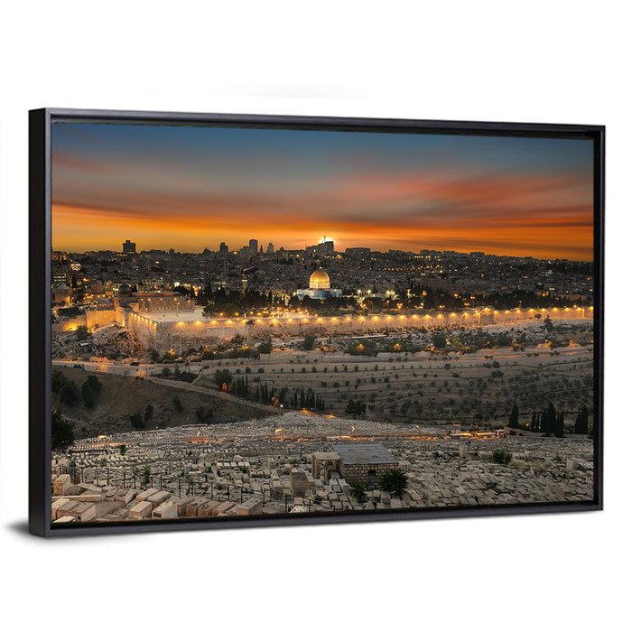 Jerusalem Sunset Over Temple Mount Wall Art as a framed canvas