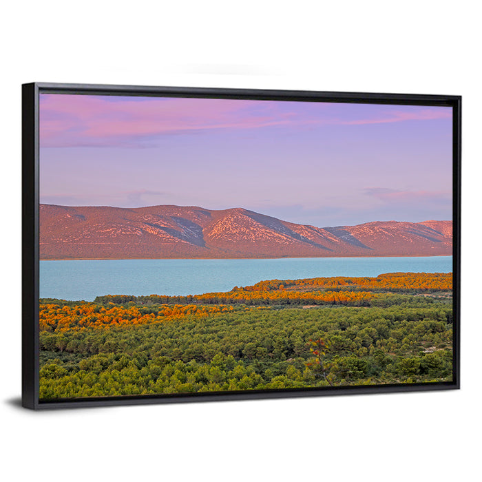 Lake Vrana Golden Hour Wall Art as a framed canvas