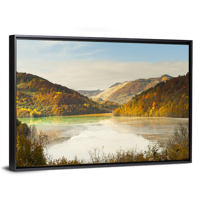 Bright Green Tailings Lake Wall Art as a framed canvas