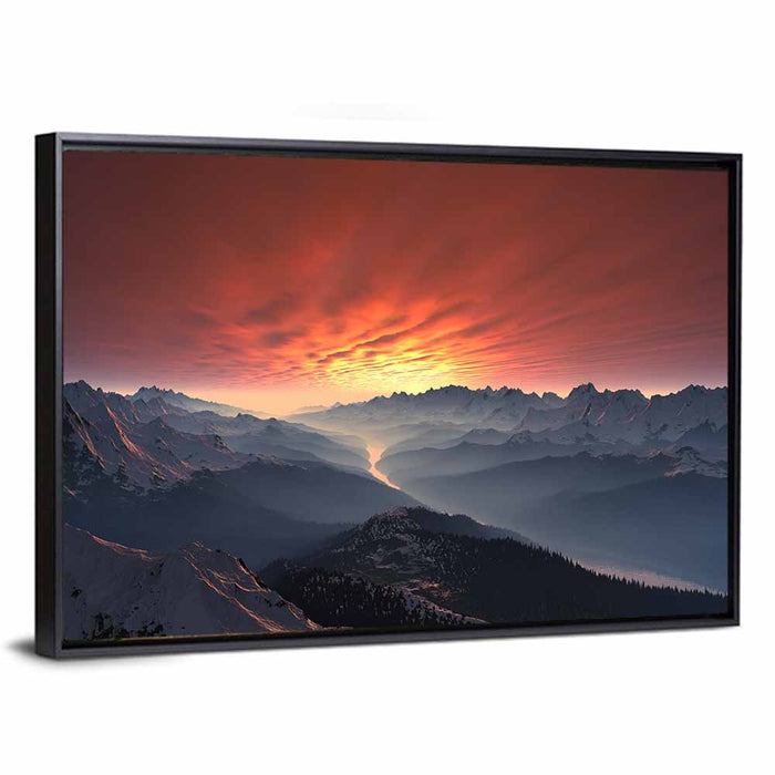 Snow-capped Mountain Sunset Wall Art as a framed canvas