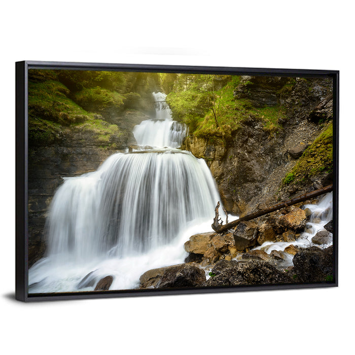 White Cascade Over Mossy Rocks Wall Art as a framed canvas