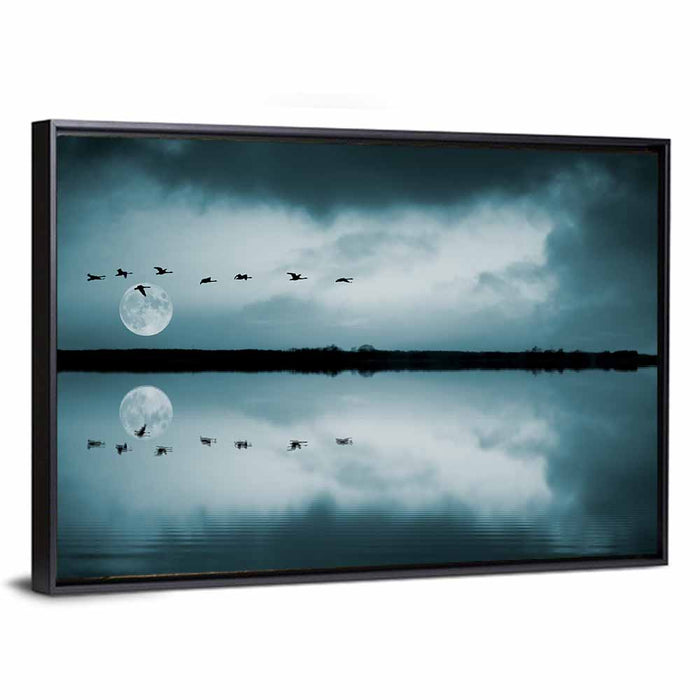 Moonlit Flock Over Lake Wall Art as a framed canvas