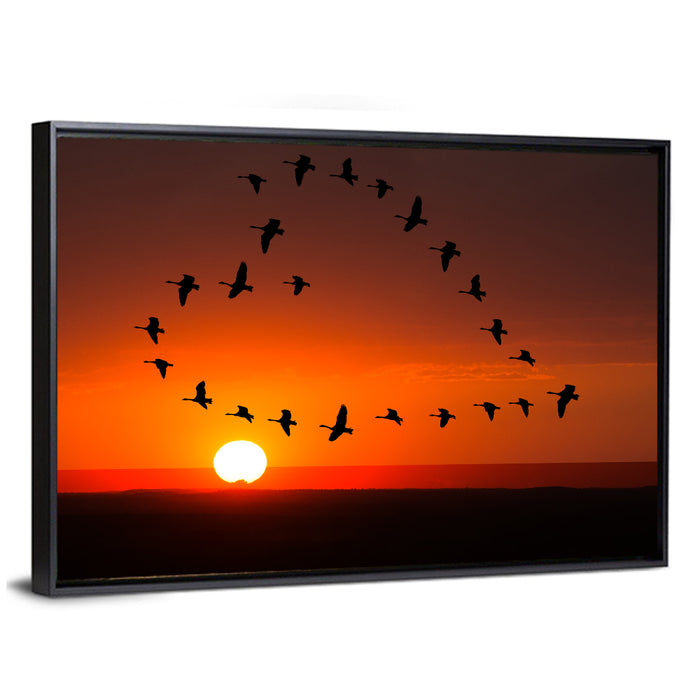Heart-shaped Flock of Birds Wall Art as a framed canvas