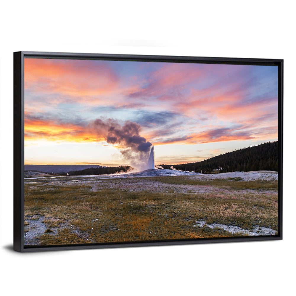Old Faithful Erupting at Sunset Wall Art